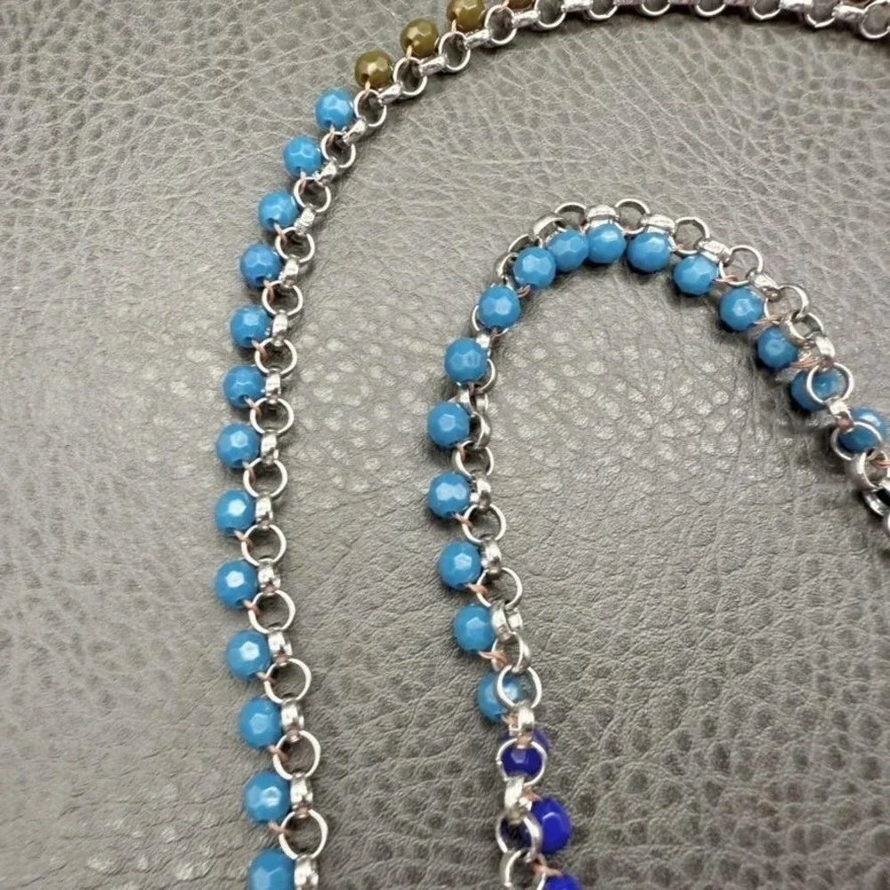 Lia Sophia Beaded Chain Necklace Silver Tone Blue Brown Faceted Beads 36 Inch